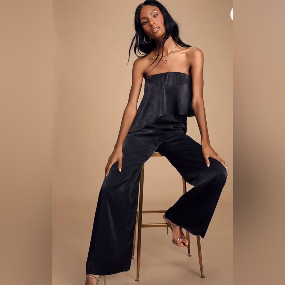 Lulu's Black Strapless Satin Jumpsuit